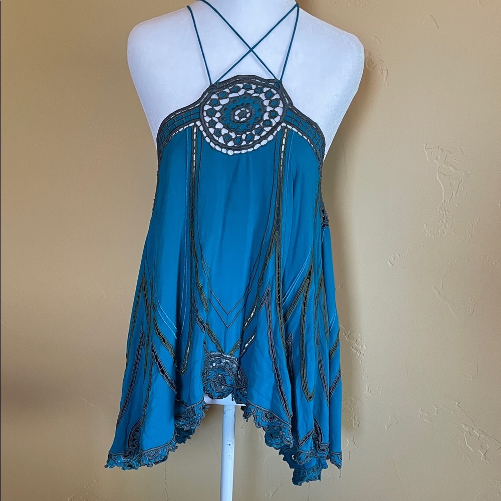 Free People Teal Crochet Halter Camisole